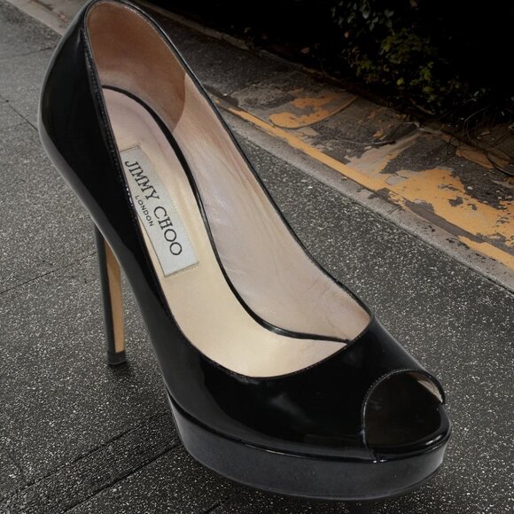 Jimmy Choo Luna Black Patent Leather Peep Toe Platform Stiletto. Heel, Size 36 - Picture 1 of 12